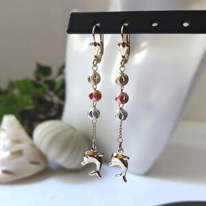 Tri Color Gold Dolphin Dangle Earrings